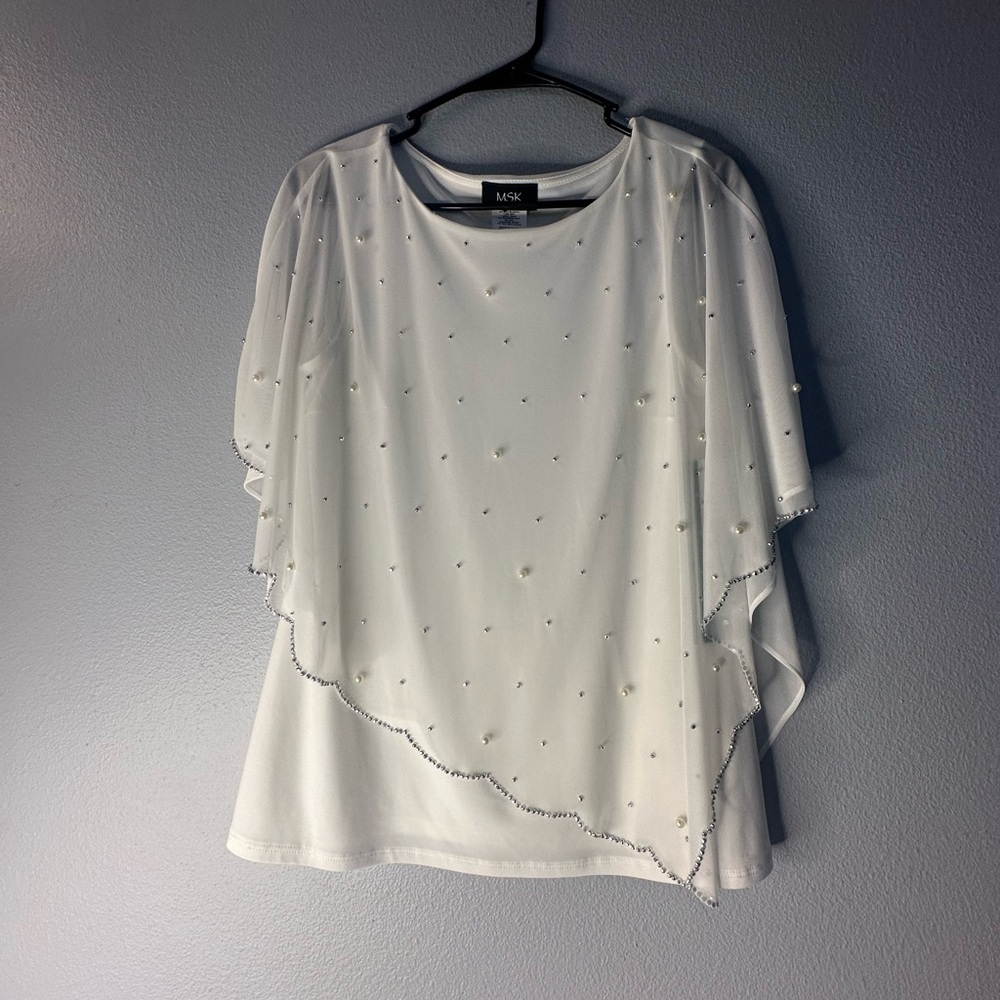 MSK Ivory Embellished Poncho Blouse Pearl Rhinestone Overlay – Size S (NWT) - Picture 2 of 3